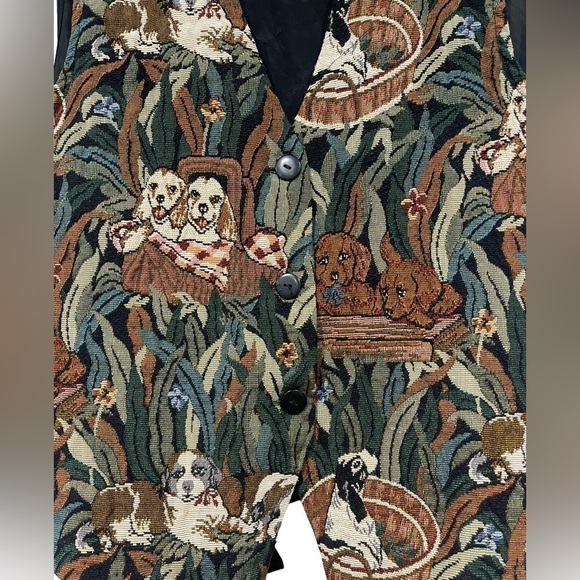 Cabin Creek Vintage 90s Puppy Dog Button Down Vest Size Large Black Brown Green - Picture 2 of 6